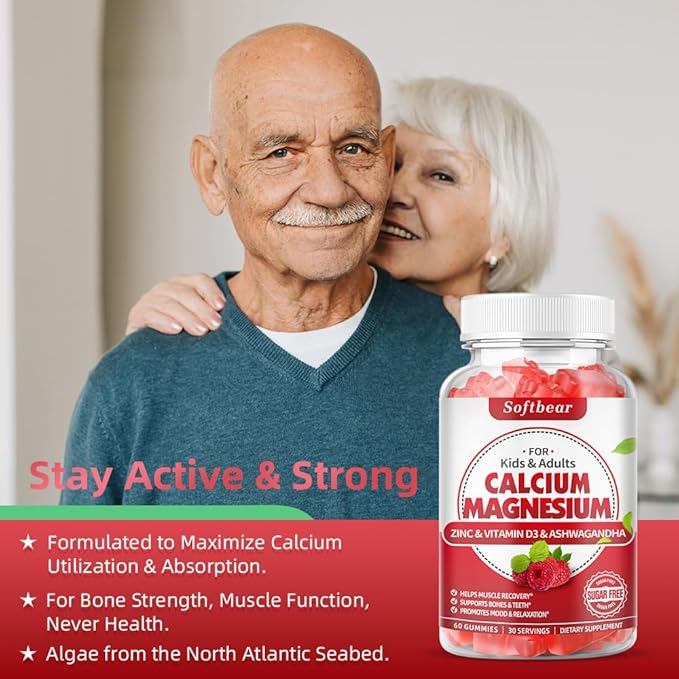 softbear Calcium Magnesium Zinc Gummies for Women, Calcium Magnesium Supplement with Vitamin D3 for Bone Strength, Vegan/Sugar-Free, Raspberry Flavor 60 Count