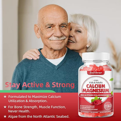 softbear Calcium Magnesium Zinc Gummies for Adult & Kids, Suagr-Free Calcium Magnesium Zinc D3 Supplement for Bone Strength & Immune Health, Raspberry Flavor 120 Count
