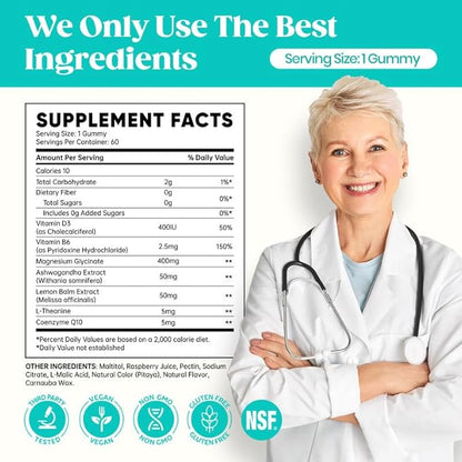 60 Day Supply Magnesium Glycinate 400mg Gummies with Ashwagandha, L-Theanine, CoQ10, Vitamin D3 & B6, Sugar Free Magnesium Gummies for Adults & Kids, Stress Relief, Sleep & Calm, Vegan, Gluten Free