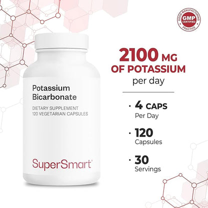 Supersmart - Potassium Bicarbonate 5400mg per Day (High Dose) - Electrolyte Mineral - Acid-Base Balance pH - Heart, Muscle & Nerve Health | Non-GMO & Gluten Free - 120 Vegetarian Capsules