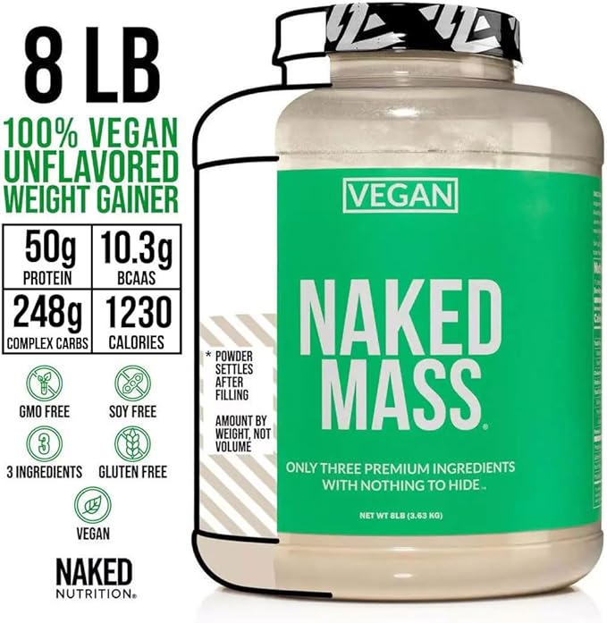 NAKED Vegan Mass - Natural Vegan Weight Gainer Protein Powder - 1,230 Calories, NSF Certified, Non-GMO, Soy & Gluten Free, No Artificial Ingredients - 8LB Bulk - 11 Servings