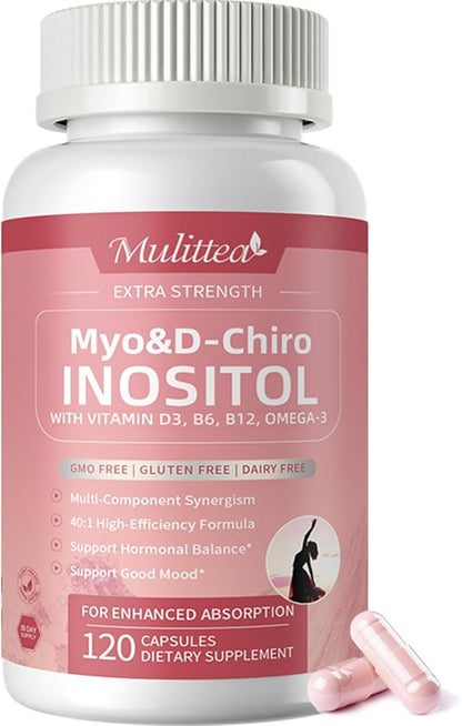 Mulittea Myo-Inositol & D-Chiro Supplement for Women - 14-in-1 Liposomal Inositol with Folic Acid,Omega-3 & Multivitamin for Hormone Balance,Support Ovarian,Skin & Mood- 40:1 Vegan 120 Capsules