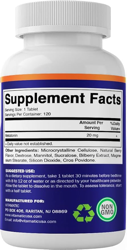 Vitamatic Melatonin 20mg for Sleep Support | Vegetarian, Non-GMO, Gluten Free | HIGH Potency 20 MG | Natural Berry Flavor 120 Fast Dissolve Tablets - 2 Pack - 240 Count