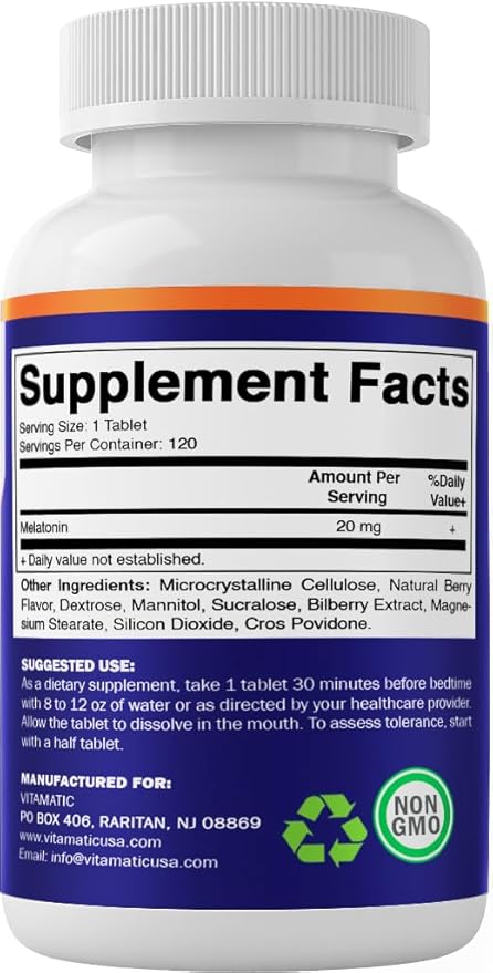 Vitamatic Melatonin 20mg for Sleep Support | Vegetarian, Non-GMO, Gluten Free | HIGH Potency 20 MG | Natural Berry Flavor 120 Fast Dissolve Tablets
