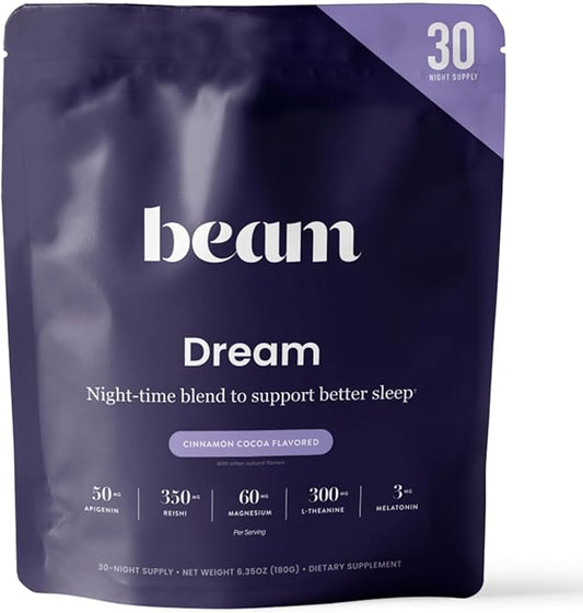 Beam Dream Sleep Powder – Sleep Aid for Adults with Melatonin, Magnesium, L-Theanine, Reishi Mushroom & Apigenin Sleep Supplement, Sleepy Cocoa Bedtime Drink Mix, Cinnamon Cocoa Flavor, 30 Servings