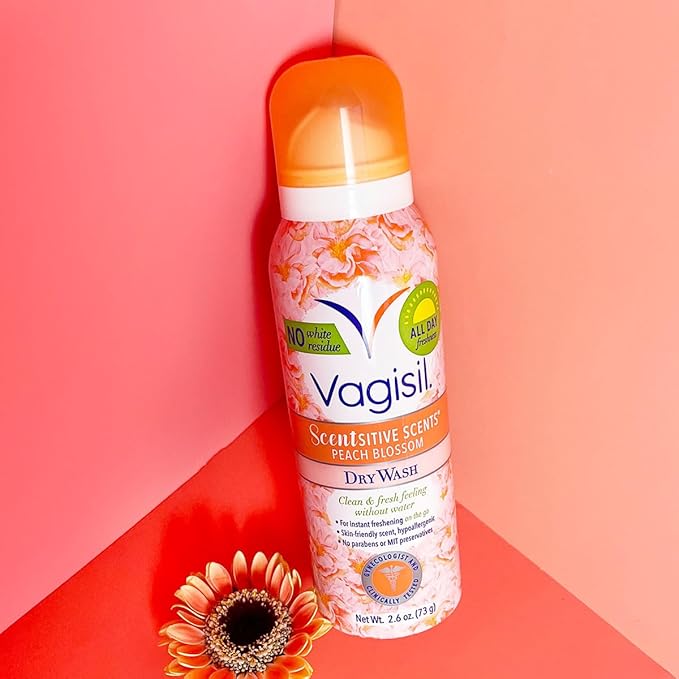 Vagisil Scentsitive Scents Feminine Dry Wash Deodorant Spray for Women, Gynecologist Tested, Paraben Free, Peach Blossom, 2.6 Ounce (Pack of 4)
