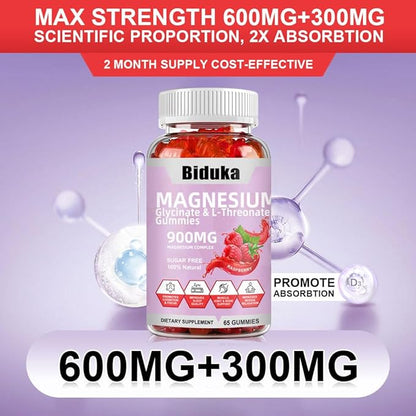 900mg Magnesium Glycinate Gummies, 65 Count, Sugar Free Magnesium Complex with L-Threonate, Potassium, Vitamin D, B6, CoQ10 Supplement for Relaxation, Raspberry Flavor