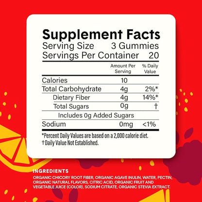 Bellway Super Fiber Gummies for Adults - Sugar Free Organic Fiber Supplement Gummies with 4g of Fiber per Serving - Prebiotic Chicory Root Fiber for Digestive Gut Health, Raspberry Lemon, 60 Count