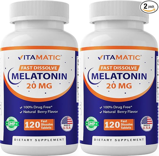 Vitamatic Melatonin 20mg for Sleep Support | Vegetarian, Non-GMO, Gluten Free | HIGH Potency 20 MG | Natural Berry Flavor 120 Fast Dissolve Tablets - 2 Pack - 240 Count