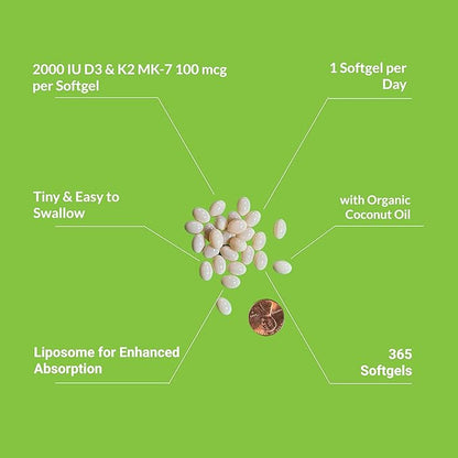 UpNourish Liposomal Vitamin D3 K2 2000 IU with K2 MK-7 100 mcg - 365 Vitamin D3 k2 (Vitamina D3 con K2) Mini Softgels with Organic Coconut Oil - Easy to Swallow K2 D3 Vitamin Supplement