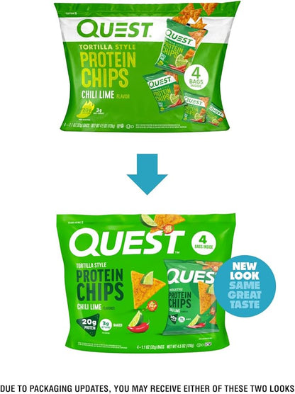 Quest Nutrition Chili Lime Tortilla Style Protein Chips, 20g Protein, 3g Net Carbs, Low Carb, Gluten Free, 1.1 oz (Pack of 4)