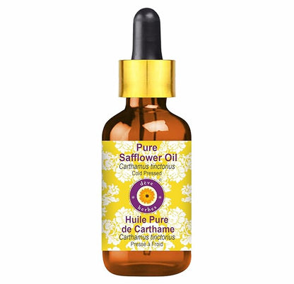 Deve Herbes Pure Safflower Oil (Carthamus tinctorius) with Glass Dropper Cold Pressed 30ml (1 oz)