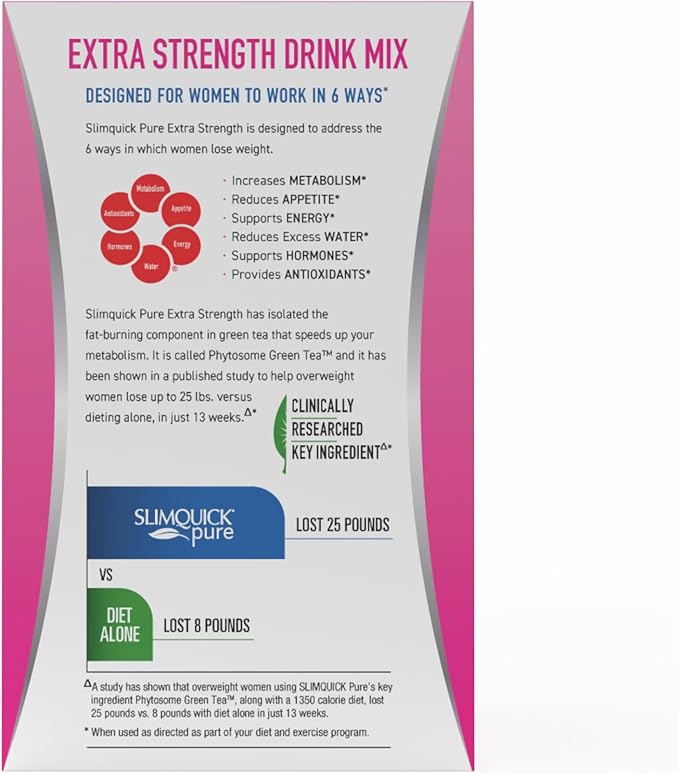 SlimQuick Pure 3X Extra Strength Drink Mix Packets, Metabolism & Weight Management for Women, Helps in Fat Breakdown, with Green Tea, Caffeine, Chaste Tree, Rhodiola Extract - Pink Lemonade, 26 Count