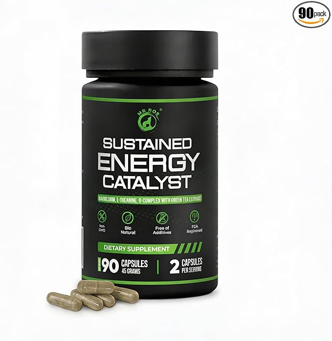 Sustained Energy Catalyst – Vegan Supplement with Magnesium, B-Complex, L-Theanine, Rhodiola, Green Tea & Marine Phytoplankton – for Energy, Focus, and Mental Balance – 90 Capsules