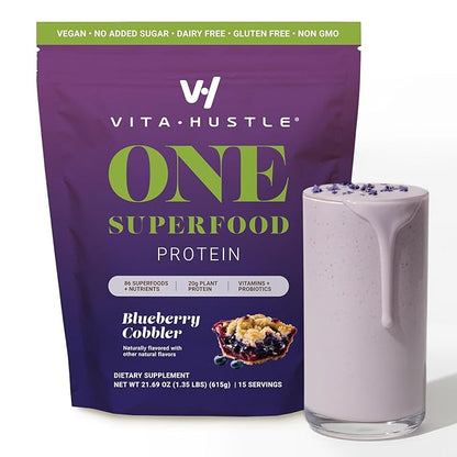 VitaHustle ONE Vegan Blueberry Cobbler Protein Powder - 20g Plant Protein Meal Replacement with 86+ Superfoods & Greens, Probiotics + No Bloat Digestive Blend - Dairy Free, Gluten Free (15 Servings)