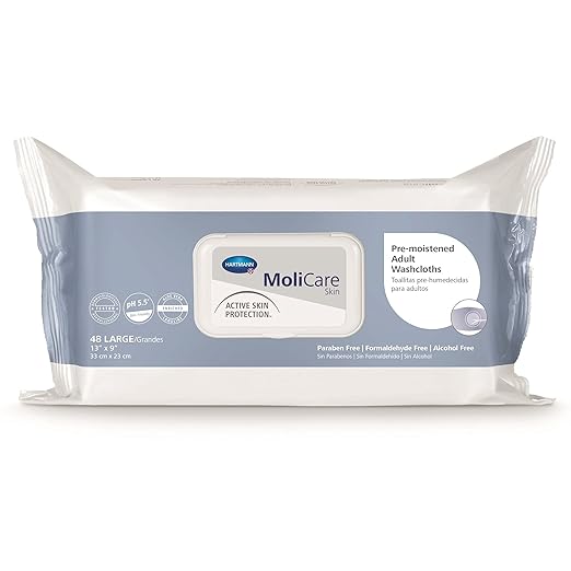 MoliCare Skin Personal Wipes, Pre-Moistened Adult Washcloths - Active Skin Protection with Aloe and Lanolin, Hypoallergenic, Alcohol-Free - 9 in x 13 in, 48 Count, 12 Packs, 576 Total