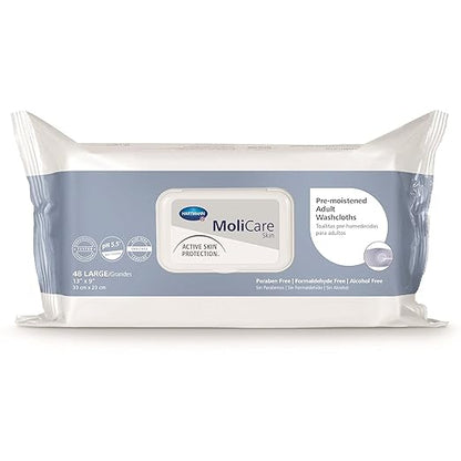 MoliCare Skin Personal Wipes, Pre-Moistened Adult Washcloths - Active Skin Protection with Aloe and Lanolin, Hypoallergenic, Alcohol-Free - 9 in x 13 in, 48 Count, 12 Packs, 576 Total