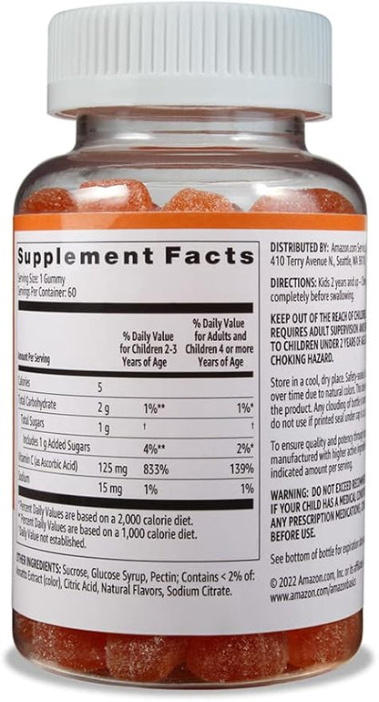Amazon Basics Kids' Vitamin C 125mg Gummies, Orange, Immune Health, 2 Month Supply (Previously Solimo) 60 Count (Pack of 2)