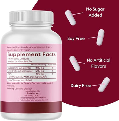 BESTVITE Glucosamine Chondroitin MSM 500/400/100 per Capsule (240 Capsules) with Patented OptiMSM - Maximum Strength Formula for Joint Support - No Stearates - Gluten Free - Non GMO