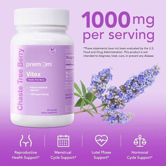 Premom Vitex Chaste Tree Berry: 1000mg Vitex Chasteberry Supplement Supports Hormone Balance & Fertility Supports Menstrual Cycle Regularity PMS Support Supplement for Women Vegan Non-GMOs