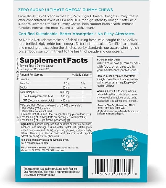 Nordic Naturals Zero Sugar Ultimate Omega Gummy Chews - Tropical Fruit - 54 Gummy Chews - Non GMO - Optimal Wellness - 27 Servings