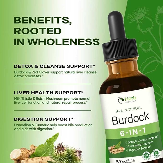 Burdock Root Extract Drops for Liver Health, 6-in-1 Herbal Supplement for Detox & Cleanse & Digestion Support Blend w/Milk Thistle Turmeric Red Clover. 2oz