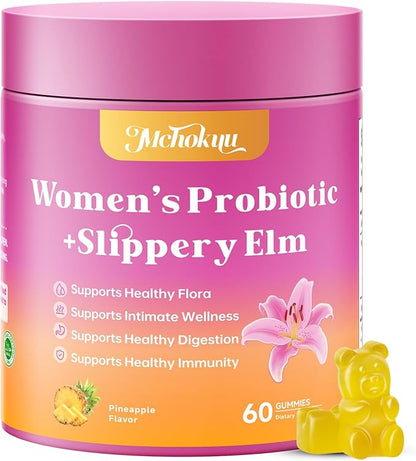 Feminine Probiotics Gummies for Women with Slippery Elm Prebiotics & Lactobacillus Blend – Supports Healthy Flora, pH Balance, Gut & Immune Function, Pineapple Flavor, 60 Count