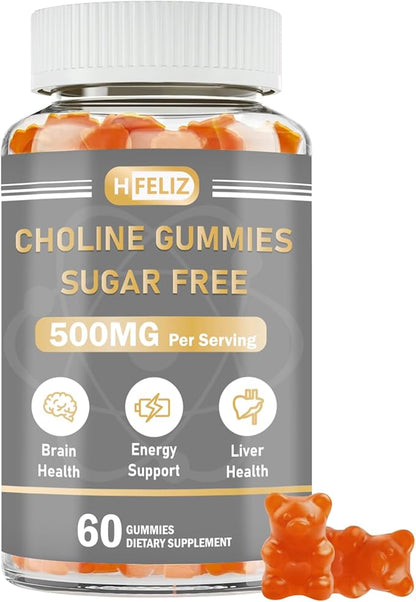 Choline Supplement Gummies Sugar Free, 500mg Choline Bitartrate Per Serving, Brain Health, Liver Support, Focus & Energy, 60 Gummies