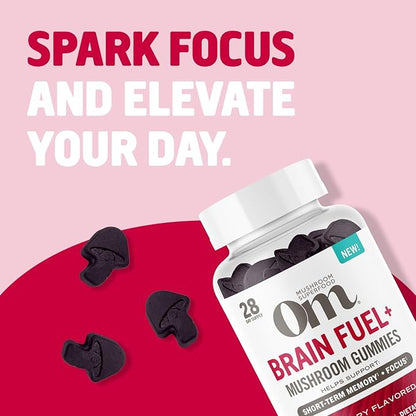 OM MUSHROOM SUPERFOOD Brain Fuel+ Gummies – USA Grown Organic Lion’s Mane – Supports Memory, Focus & Cognitive Function – Raspberry Flavor – 28 Servings, 56 Count.