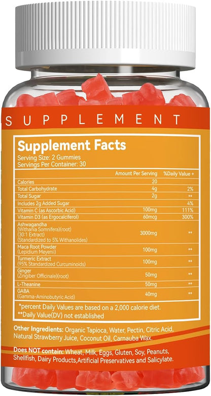 Ashwagandha Gummies & Vitamin D3, 3000mg Extra Strength Ashwagandha Root Extract for Boosts Energy, Immune Support, Non-GMO, Strawberry Flavor, 60 Count