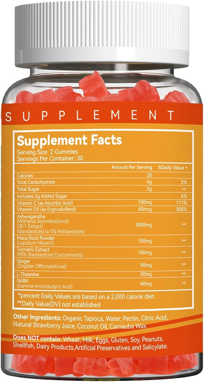 2 Pack Ashwagandha Gummies & Vitamin D3, 3000mg Extra Strength Ashwagandha Root Extract for Boosts Energy, Immune Support, Non-GMO, Strawberry Flavor, 120 Count