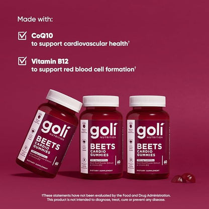 Goli Beets Cardio Gummies with CoQ10 and Vitamin B12 - Beetroot Extract - Cardiovascular Wellness - Vegan, Non-GMO, Gluten-Free