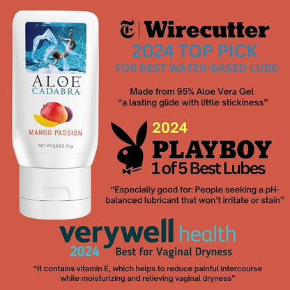 Aloe Cadabra Flavored Personal Lubricant and Vaginal Moisturizer, Organic Edible Aloe Lube for Men, Women and Couples, Non-Staining, pH Balanced, Toy Compatible (Mango Passion, 2.5 Ounces, 2 Pack)