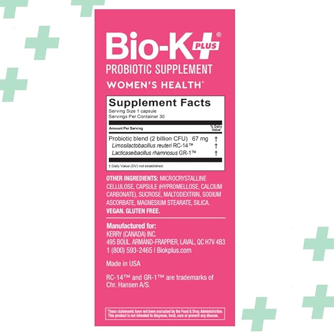 Bio-K+ Probiotic for Women support for Vaginal & Urinary Tract Health, Probiotic Supplement with 2 Billion CFU 2 Strains, Vegan, Shelf-Stable – 30 Capsules