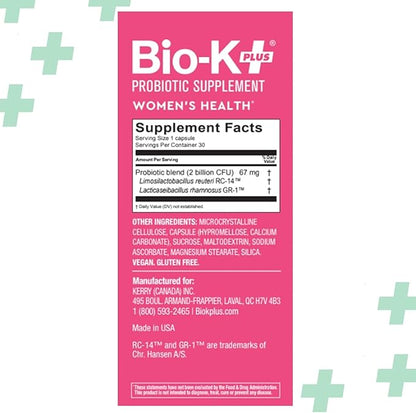 Bio-K+ Probiotic for Women support for Vaginal & Urinary Tract Health, Probiotic Supplement with 2 Billion CFU 2 Strains, Vegan, Shelf-Stable – 30 Capsules