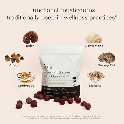 Auri Nutrition Super Mushroom Daily Gummies – All-in-One Functional Gummy with 12 Mushroom Blend Including Lion’s Mane, Reishi, Chaga & Cordyceps – 60 Gummies