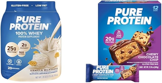 Pure Protein Powder, Whey, High Protein, Low Sugar, Gluten Free, Vanilla Cream, 1.75 lbs & Bars, High Protein, Nutritious Snacks to Support Energy, Low Sugar, Gluten Free
