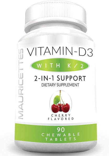 Mauricettes Chewable Vitamin D3 with K2 – 2-in-1 Bone & Heart Health Support – Immune Booster – Natural Cherry Flavor – 90 Tablets for Adults & Kids