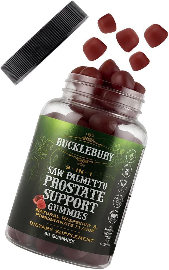 BUCKLEBURY 9-in-1 Natural Saw Palmetto Gummies with Raspberry & Pomegranate Flavor - Plant-Based Prostate Support Supplements for Mens Bladder Health, Hair Growth & Urinary Support - 60 Gummies