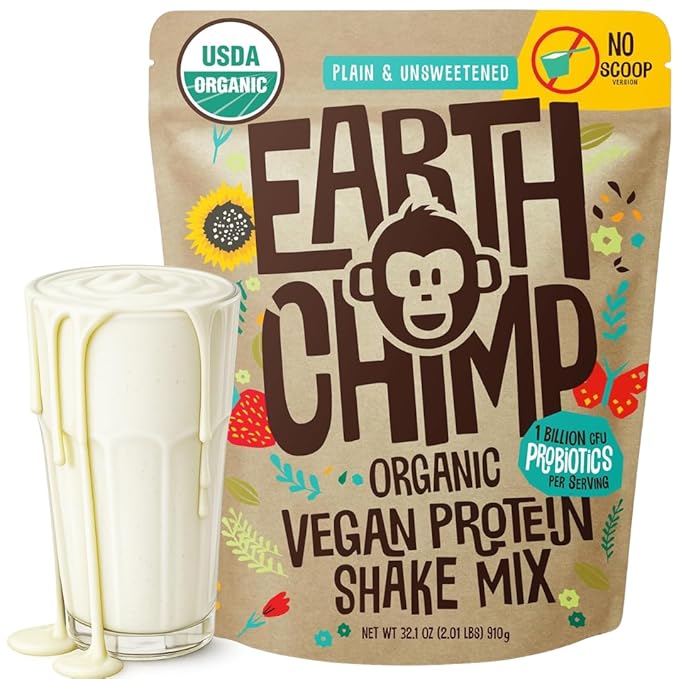 EarthChimp Organic Vegan Protein Powder - with Probiotics - Non GMO, Dairy Free, Non Whey, Plant Based Protein Powder for Women and Men, Gluten Free - 26 Servings 32 Oz (Plain & Unsweetened) No Scoop