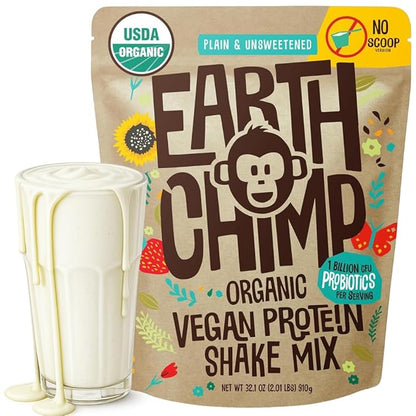 EarthChimp Organic Vegan Protein Powder - with Probiotics - Non GMO, Dairy Free, Non Whey, Plant Based Protein Powder for Women and Men, Gluten Free - 26 Servings 32 Oz (Plain & Unsweetened) No Scoop