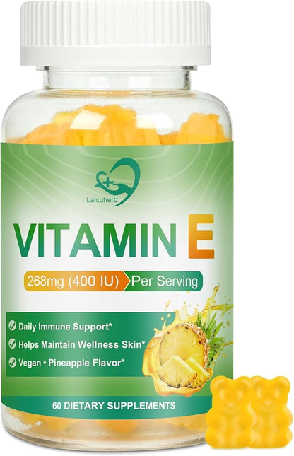 Laicuherb Vitamin E Gummies for Skin & Immune, Pineapple Flavor 268mg Per Serving Vitamin E 400 IU Gummies for Adults, 60 Count Sugar-Free Gluten-Free Vegan Gummy for Daily Wellness