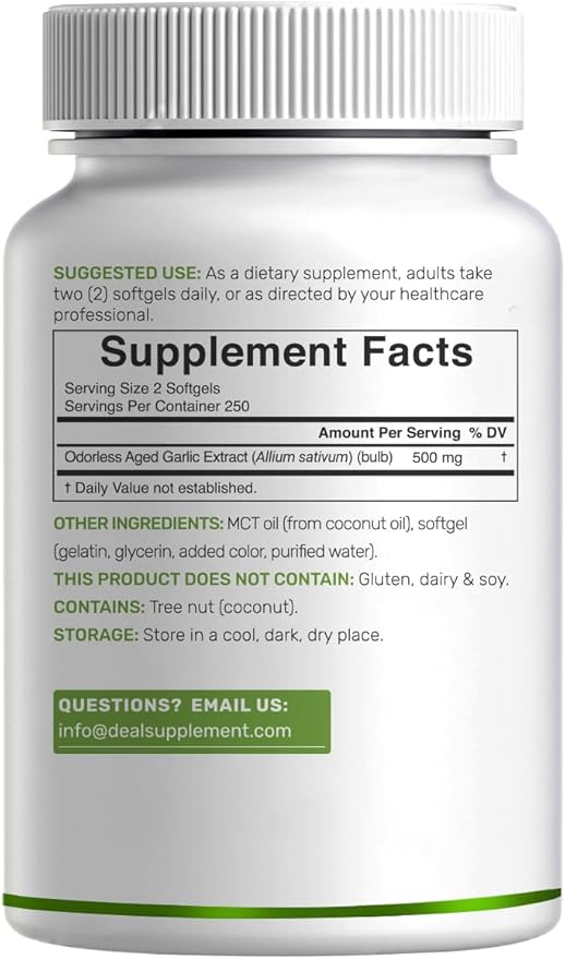 Odorless Aged Garlic, 500 Softgels – Enhanced with MCT Oil - Fresh Allium Sativum Bulb Source – 2-Years Aged Garlic Extract – Non-GMO, cGMP Manufactured