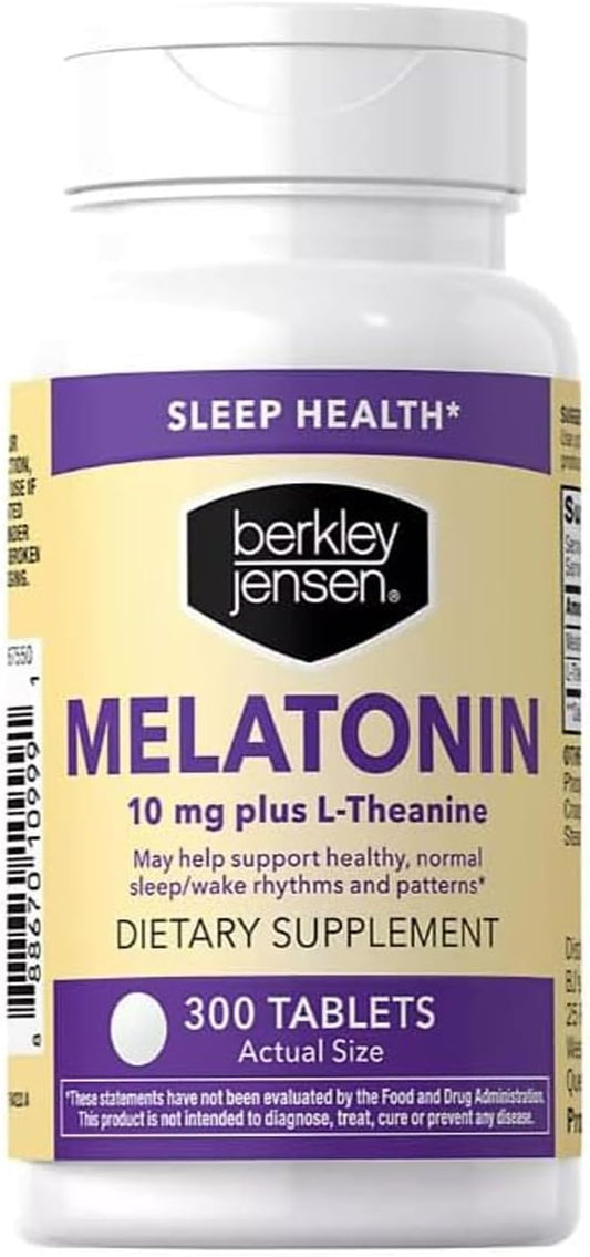 Berkley Jensen Melatonin 10mg, 300 Tablets Bottle - Sleep Supplement w/L-Theanine - Supports Restful Sleep & Healthy Sleep/Wake Cycles - Non-Habit Forming Gluten & Lactose Free Sleep Aid for Adults