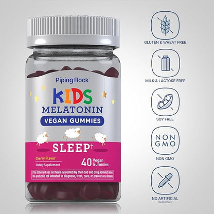 Piping Rock Kids Melatonin Gummy 1mg | 40 Gummies | Cherry Flavor | Vegan, Non-GMO, Gluten Free Supplement