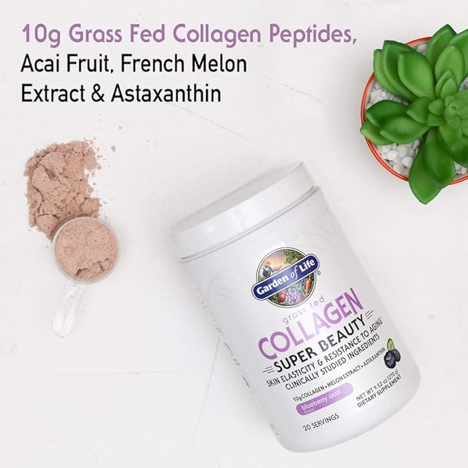 Garden of Life Grass Fed Collagen Powder, Blueberry Acai, Hydrolyzed Collagen Peptides Powder Supplement Drink Mix, 20 Servings