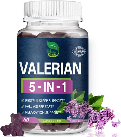 Valerian Root Extract Gummies for Natural Sleep Support, 5-in-1 Herbal Supplement for Calm & Relaxation w/Lavender and More, Alternative to Valerian Powder Capsules. 60 Count