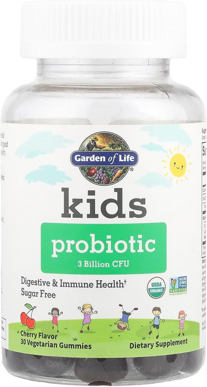 Garden of Life Kids Probiotic 3 Billion CFU, Cherry Flavor Gummies - Sugar Free Once Daily Probiotics for Kids, Probiotics plus Fiber for Children's Digestive & Immune Health, 30 Vegetarian Gummies