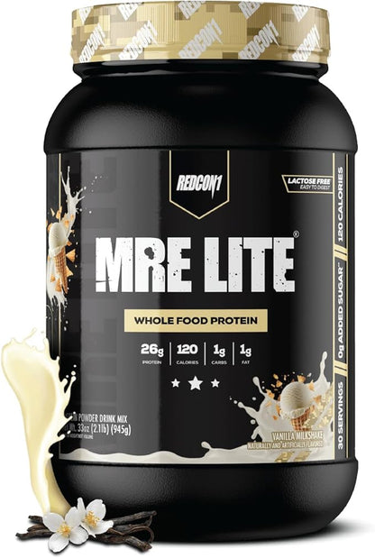 REDCON1 MRE LITE Whole Food Protein Powder, Vanilla Milkshake - Lactose Free & Sugar Free Meal Replacement with Animal Protein Blends - Easy to Digest Formula - Only 1g Carb per Serving (30 Servings)