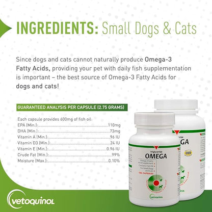 Vetoquinol Triglyceride Omega - Fish Oil for Dogs & Cats - Supports Healthy Skin, Coat & Normal Immune Response - Supplement with Vitamin Blend for Heart, Eye, Bone & Muscle Support - 250 Capsules
